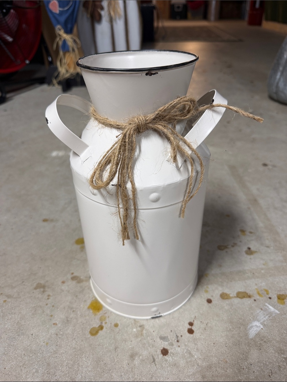 White Decorative Metal Milk Can with Jute Bow